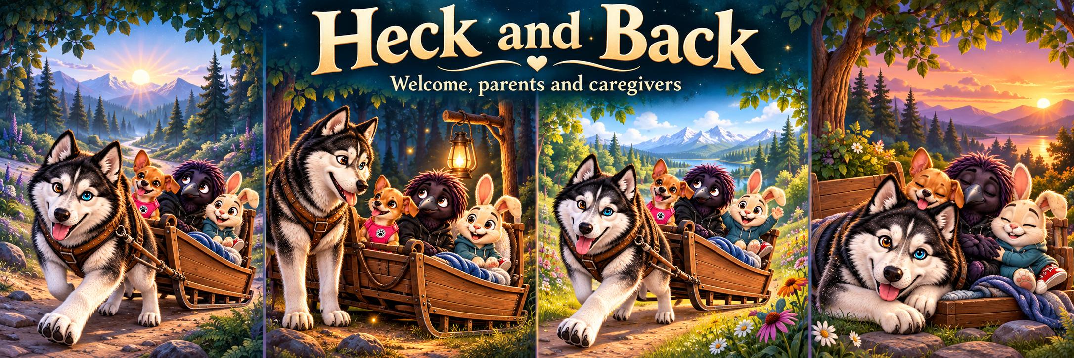 Four illustrated scenes of Haul caring for Habby, Miss Lucy, and Morrow on their sleigh journey. Heck and Back: Welcome, parents and caregivers.