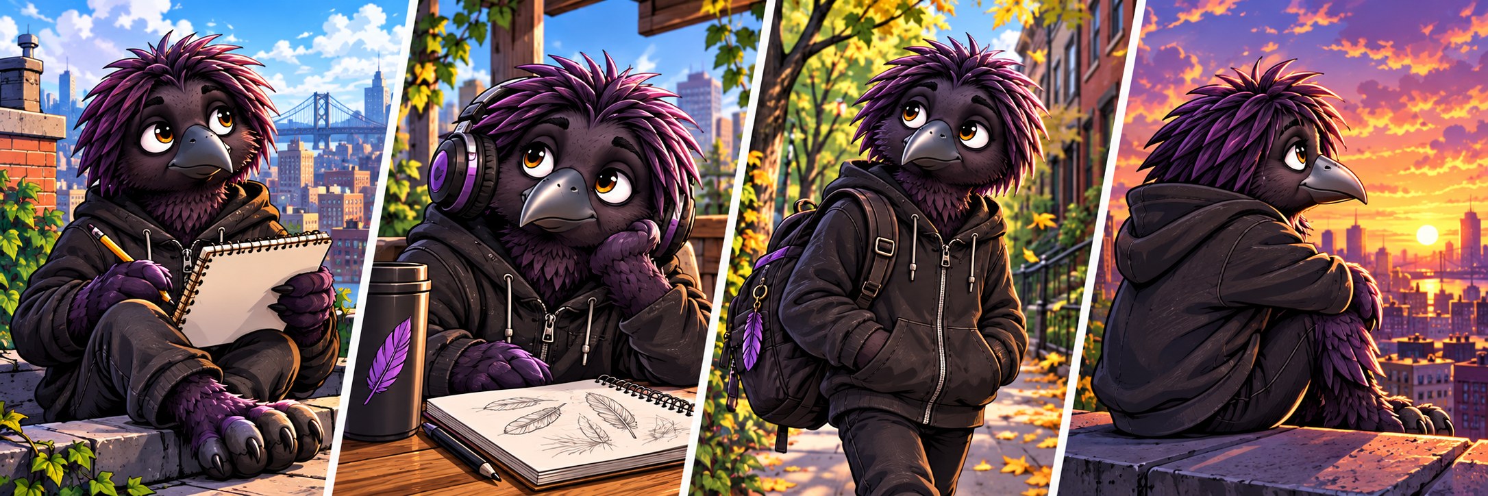 Morrow in four illustrated scenes